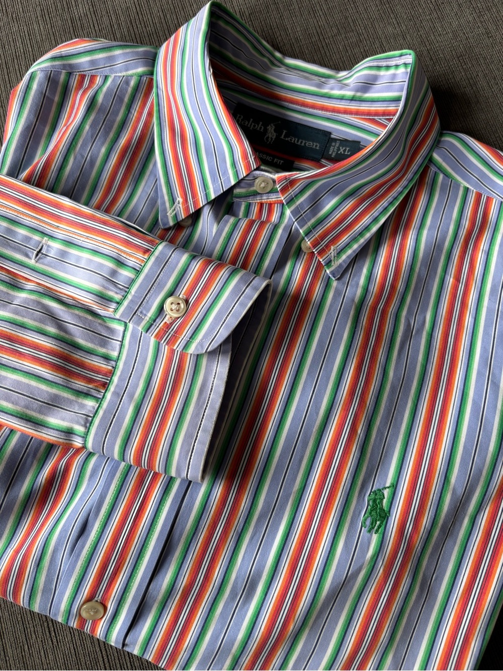 Polo Ralph Lauren XL Multi-Color Striped Button-Down Shirt Cotton Green Pony